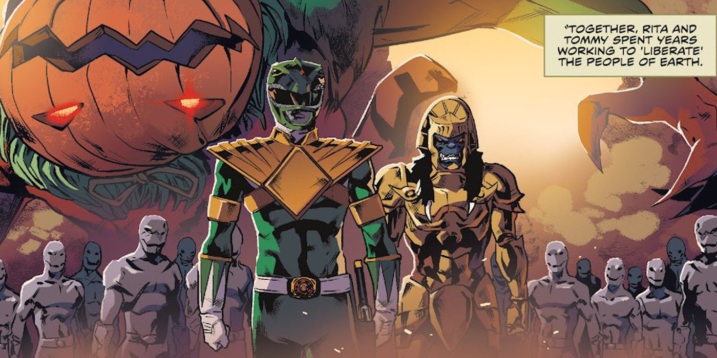 Comic book panel: Green Ranger Tommy Oliver and Goldar lead an army of putties to rule with Rita Repulsa.