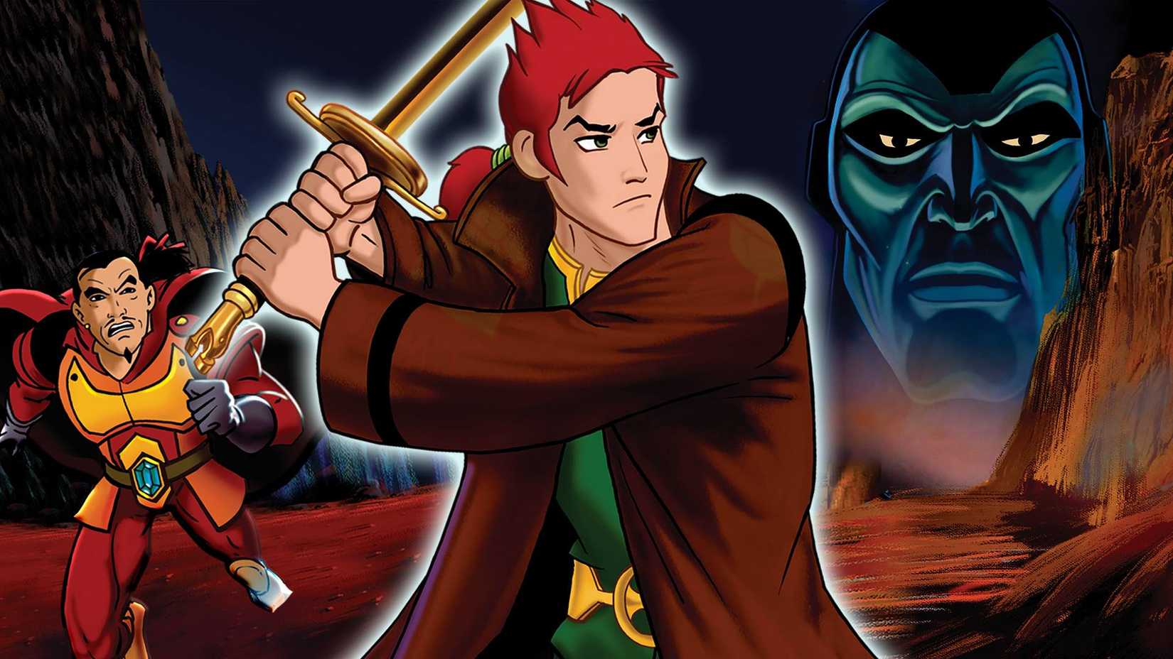 A cartoon character wields a sword in Highlander: The Animated Series while a menacing face floats in the background.