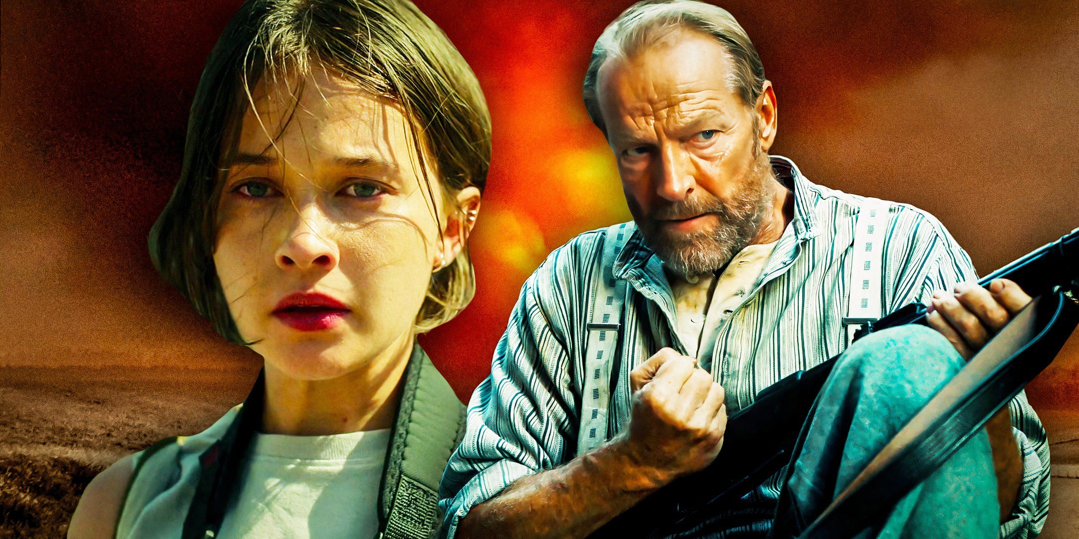 imagery from Civil War and The Last Front With the actor loading a gun and the female lead looking scared upon a fiery backdrop 