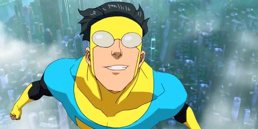 Mark Grayson smiling and flying with the city below him in Invincible