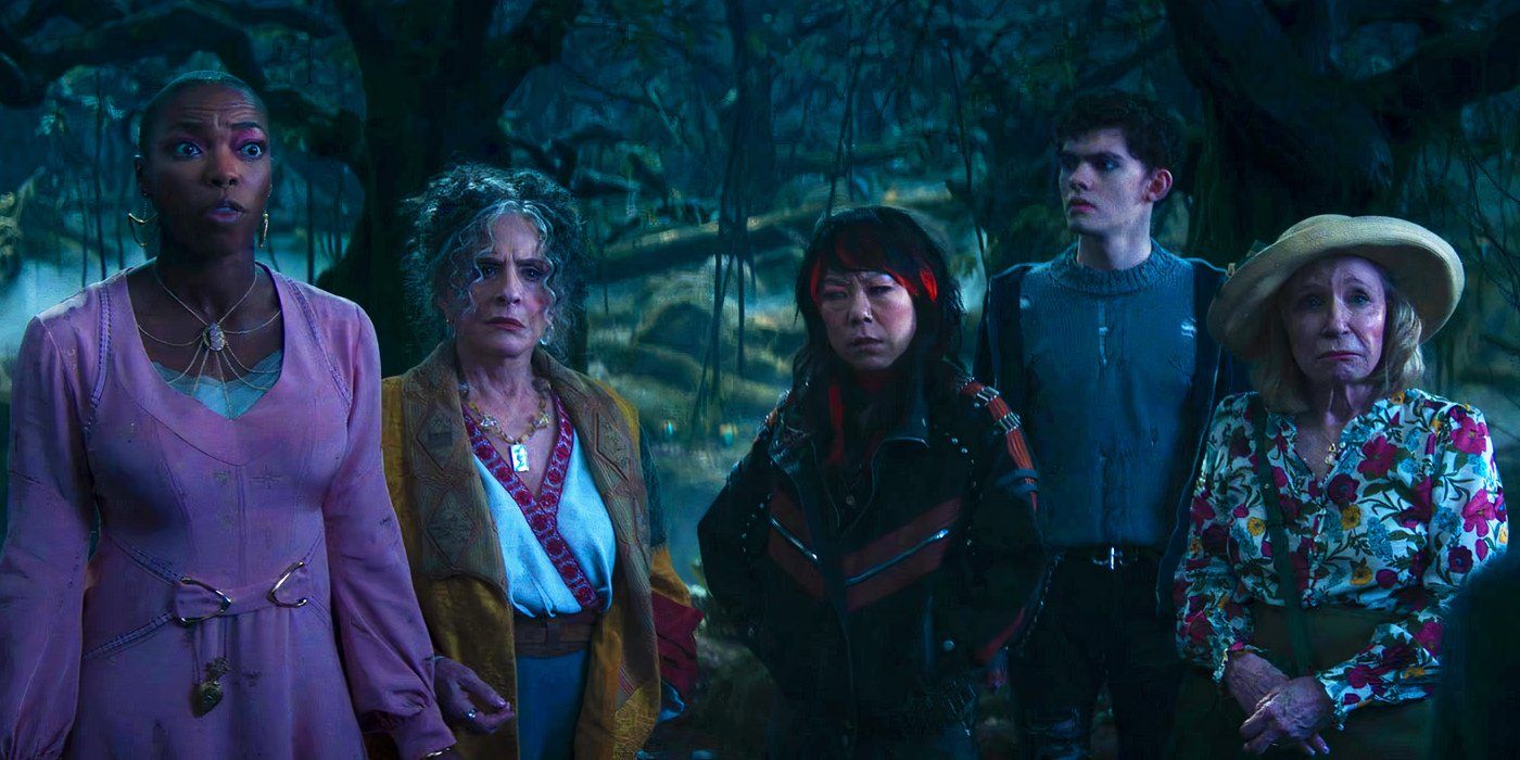 Jennifer Kale, Lilia Calderu, Alice Wu-Gulliver, Teen and Sharon Davis on the Witches' Road in Agatha All Along episode 3