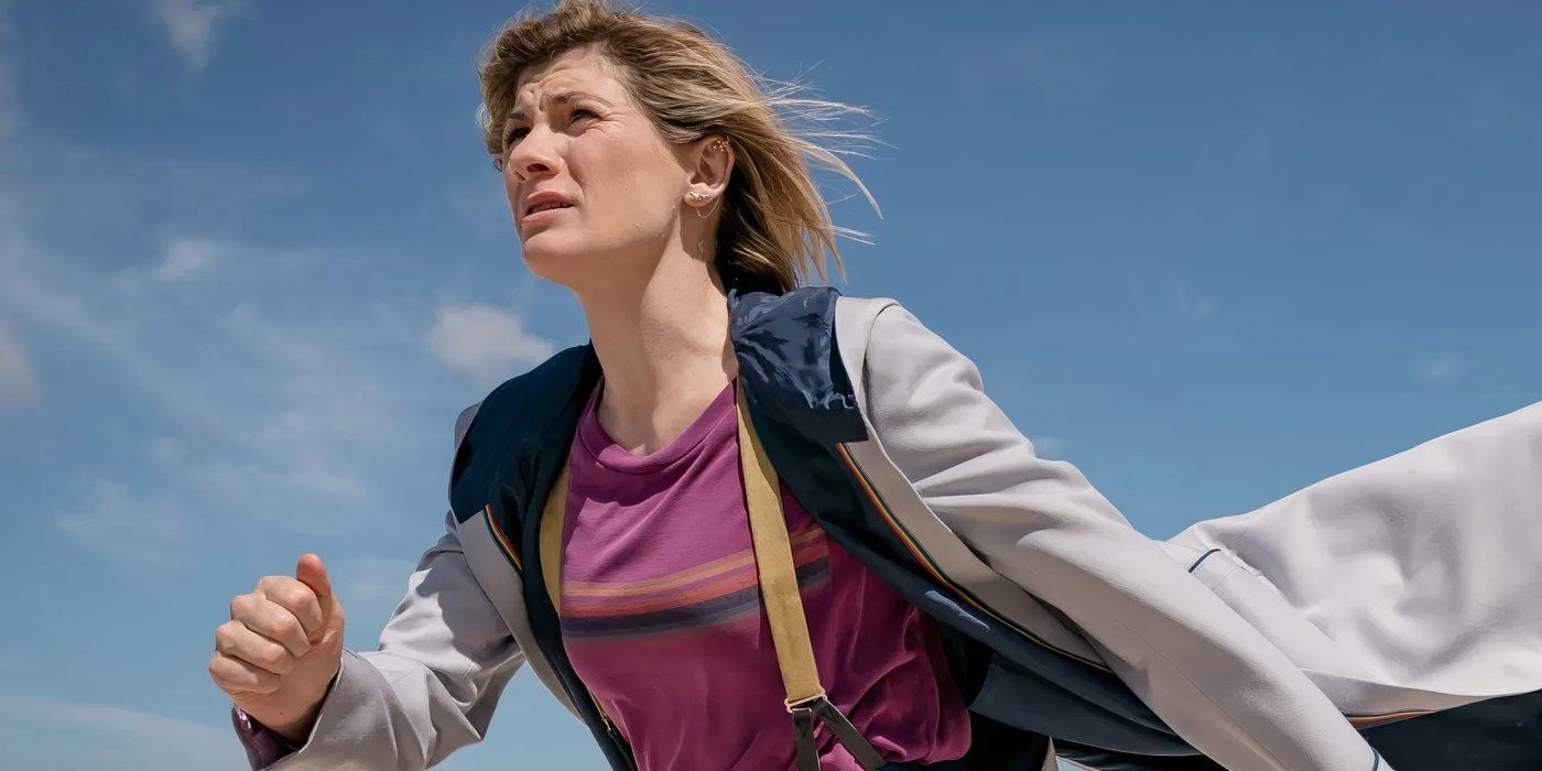 Jodie Whittaker as the Thirteenth Doctor striding to the left in Doctor Who.