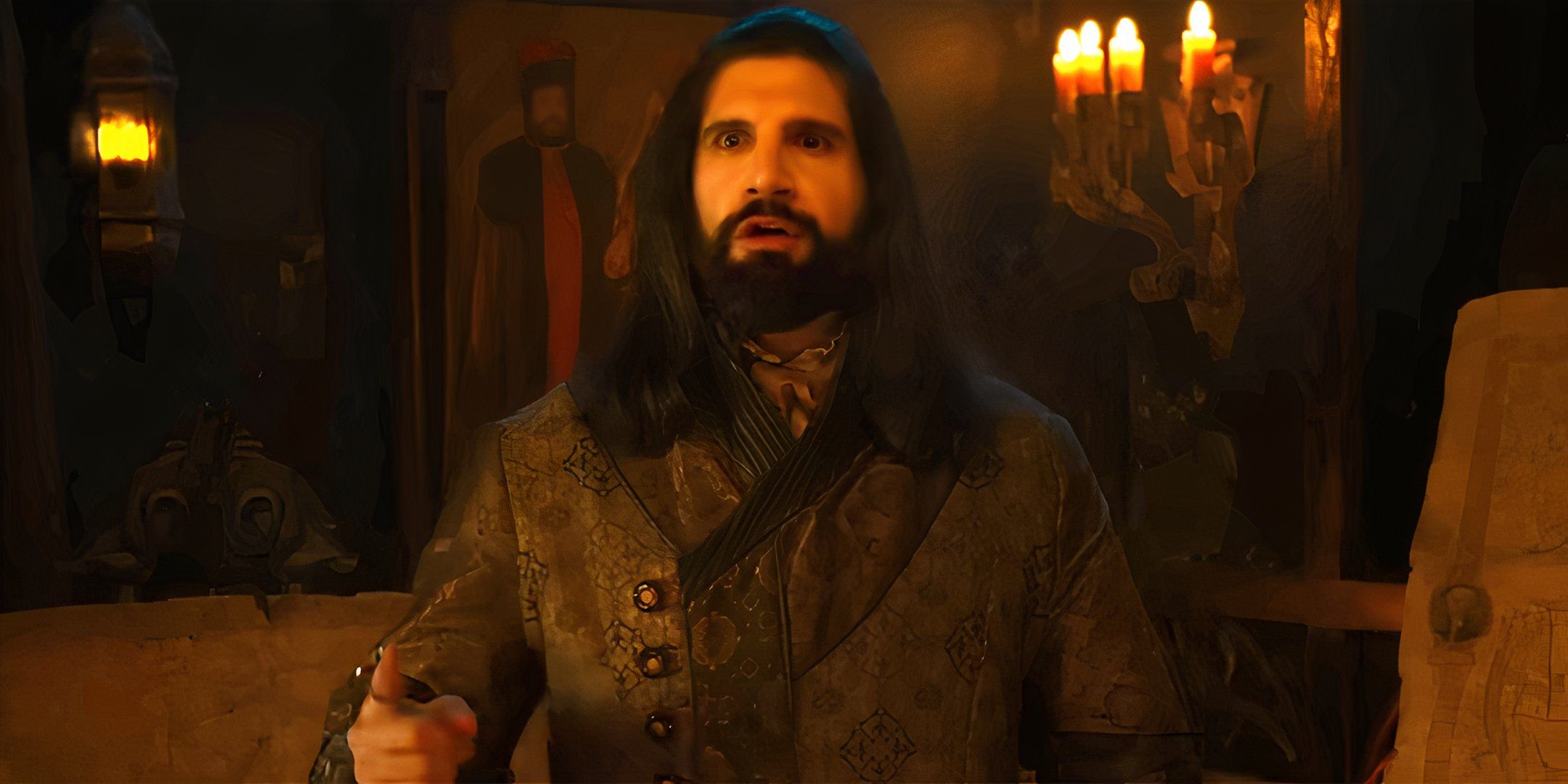 Kayvan Novak as Nandor looks surprised and hints at something we're doing in Shadows Season 6