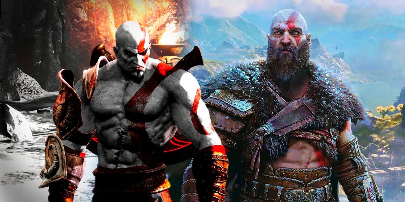 Kratos in God of War III and in God of War Ragnarok