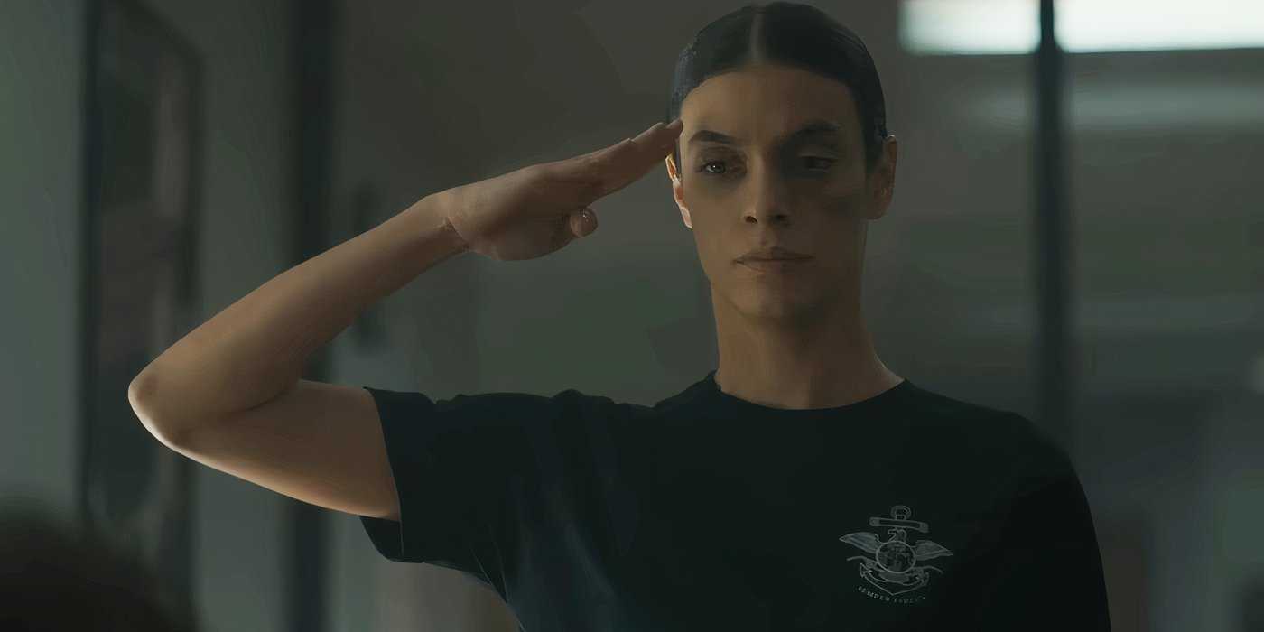 Laysla De Oliveira as Sergeant Cruz Manuelos saluting in Special Ops Lioness