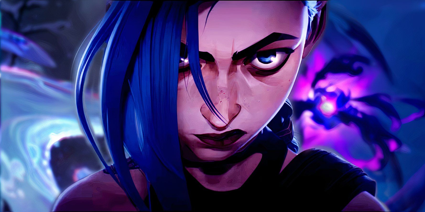 A closeup of League of Legends's Jinx from Arcane scowling at the player