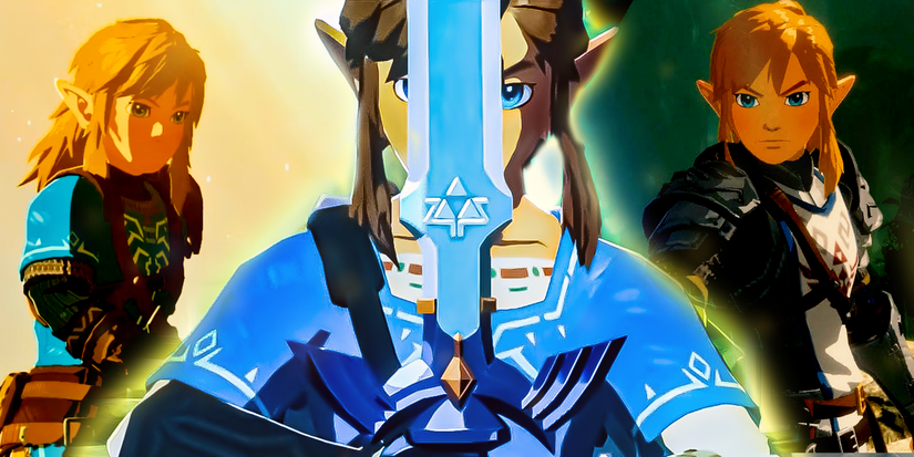 Link holding the Master Sword in The Legend of Zelda: Breath of the Wild, The Legend of Zelda: Tears of the Kingdom and Hyrule Warriors: Age Of Calamity.