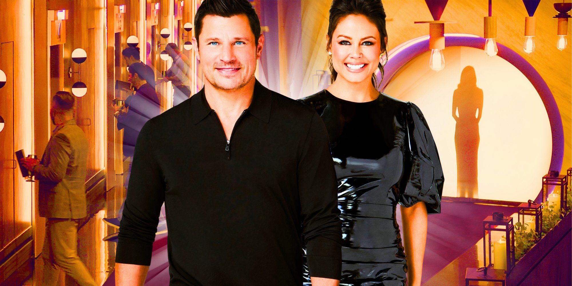 nick and vanessa lachey posing in all black with a love is blind background