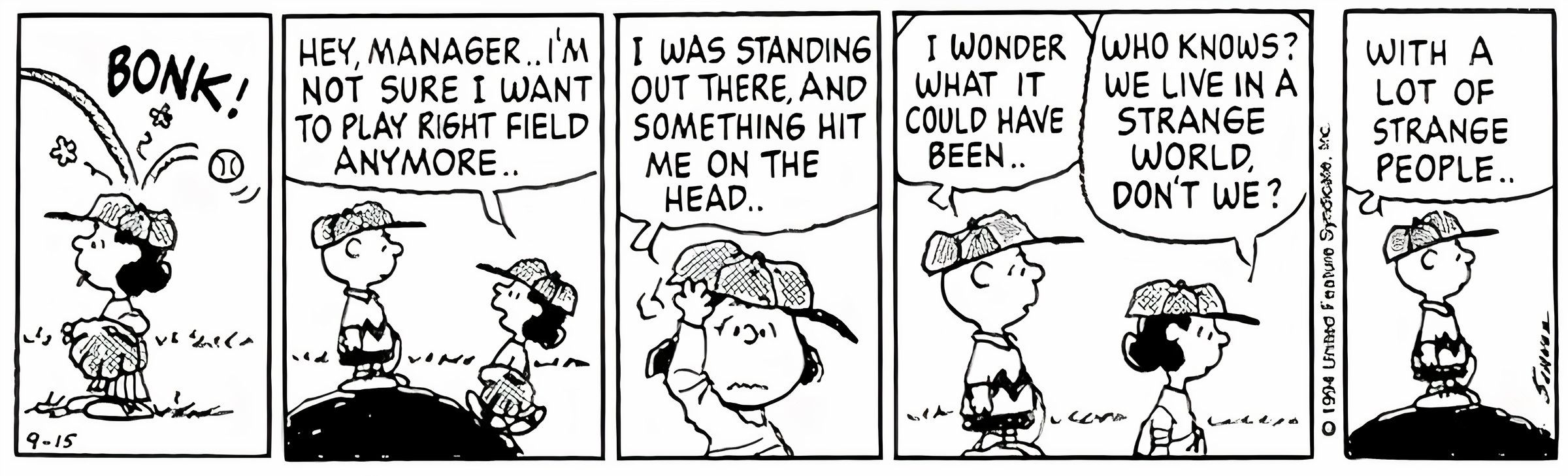 Lucy gets hit in the head with a baseball, but she's not used to balls hitting her in the outfield, so she won't recognize it.