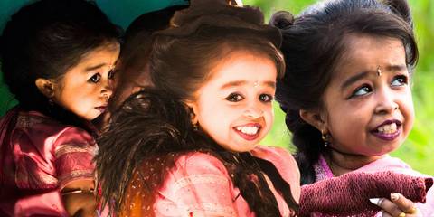A blended image of three shots of Ma Petite in American Horror Story Freak Show