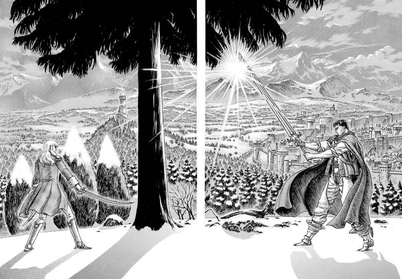 15 Most Iconic Manga Panels Of All Time 7 Manga panel of Guts and Griffith preparing to fight