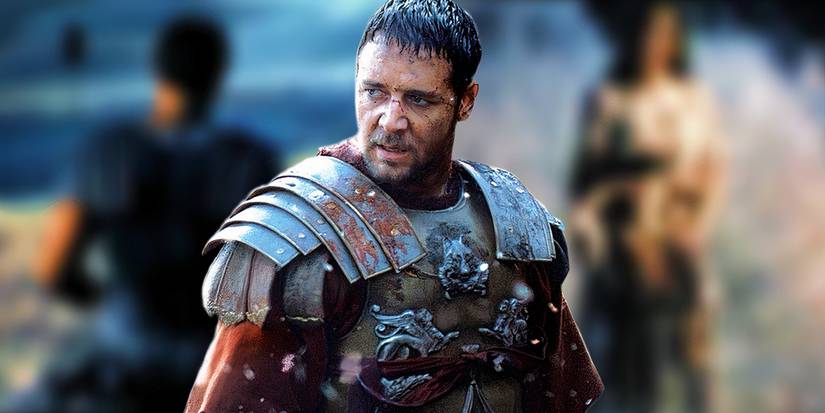 Russell Crowe as Maximus above blurred images of his dream where he reunites with his family in Gladiator (2000).
