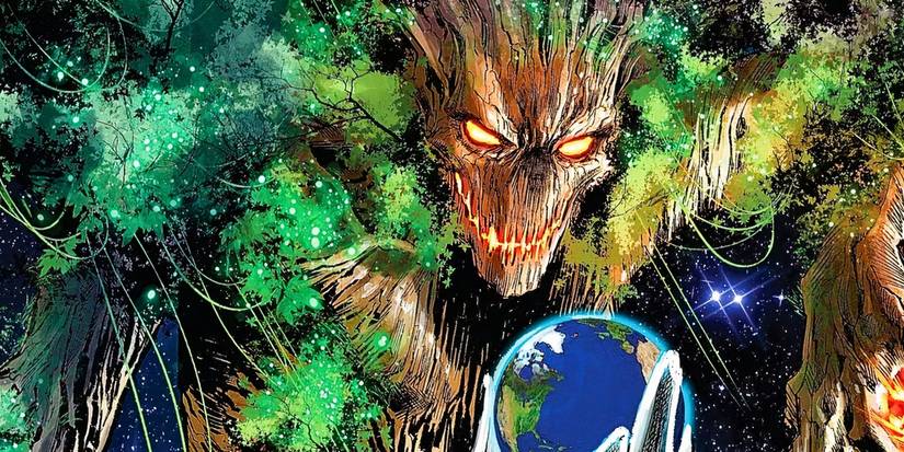 Giant Groot bigger than the Earth looming over the planet.