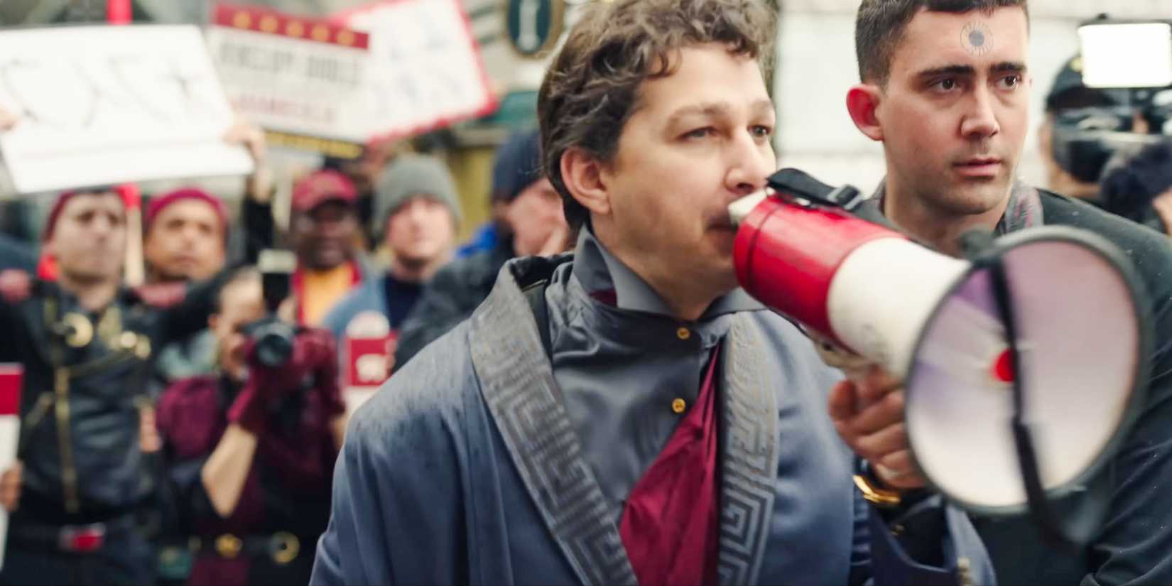 Clodio Pulcher (Shia LaBeouf) leading a protest in Megalopolis