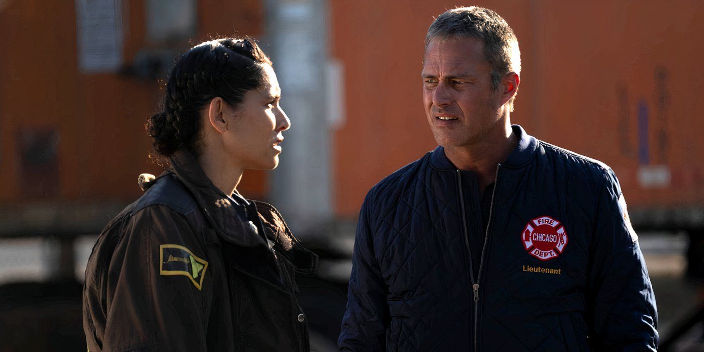 Miranda Rae Mayo as Stella Kidd and Taylor Kinney as Kelly Severide in Chicago Fire season 13