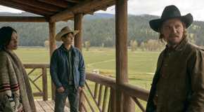 Monica, Kayce, and a young teen Tate Dutton stand on a porch in Yellowstone