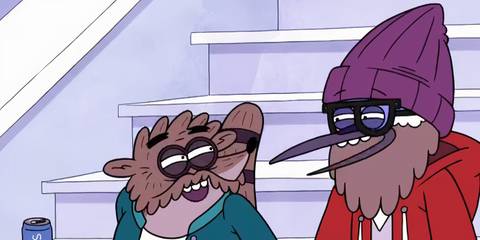 Older Mordecai and Rigby laughing in Regular Show