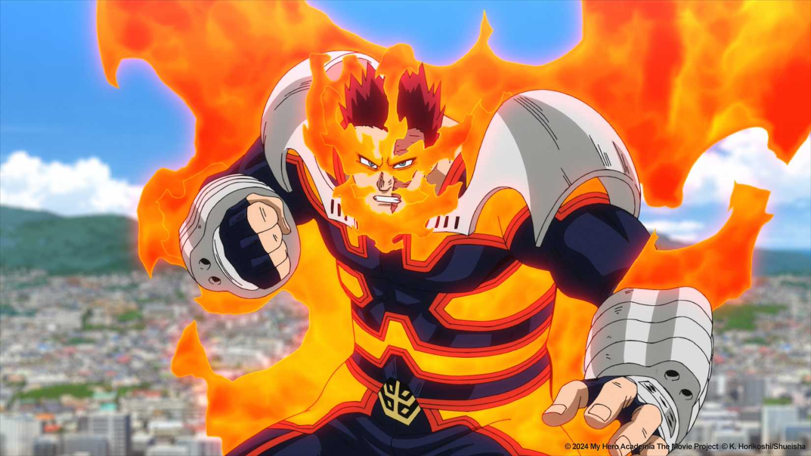 My Hero Academia You're Next's Endeavor gritting his teeth as he's surrounded by fire.
