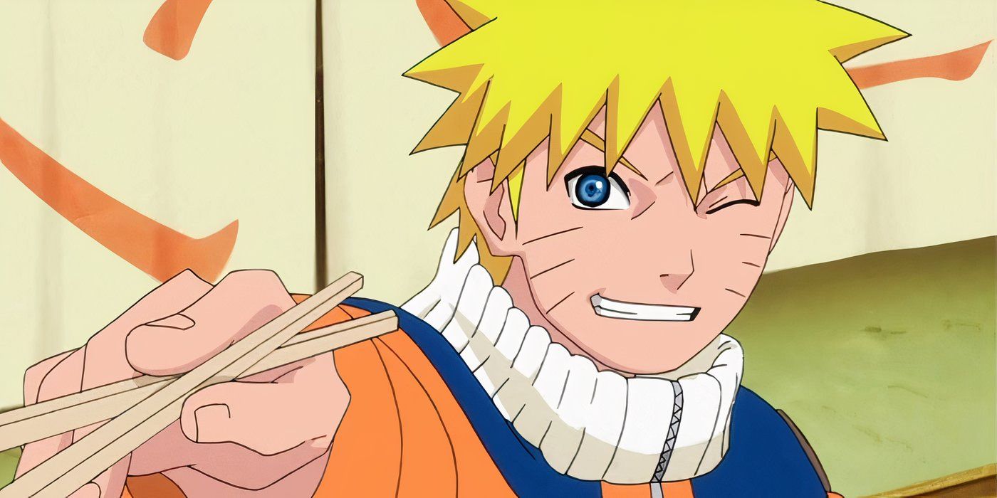 Naruto Shippuden - Naruto piscando e segurando hashis