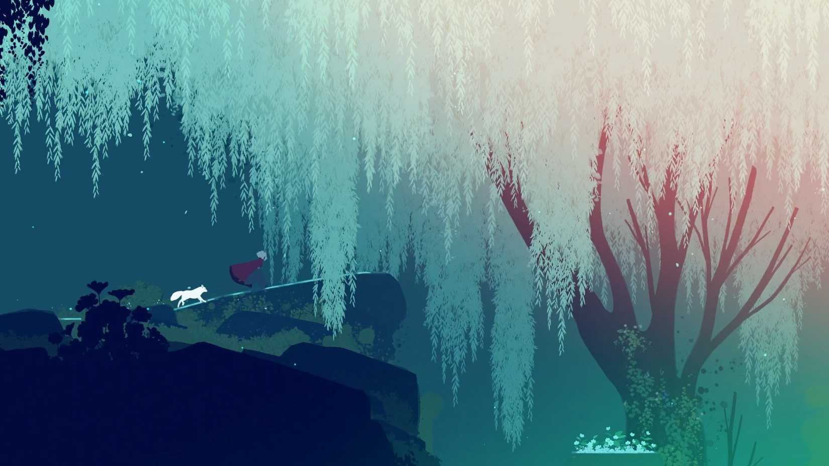 Neva und Alba gehen auf einem Felsen auf einem sehr großen Baum, der wie eine weiße Weeping Willow aussieht.