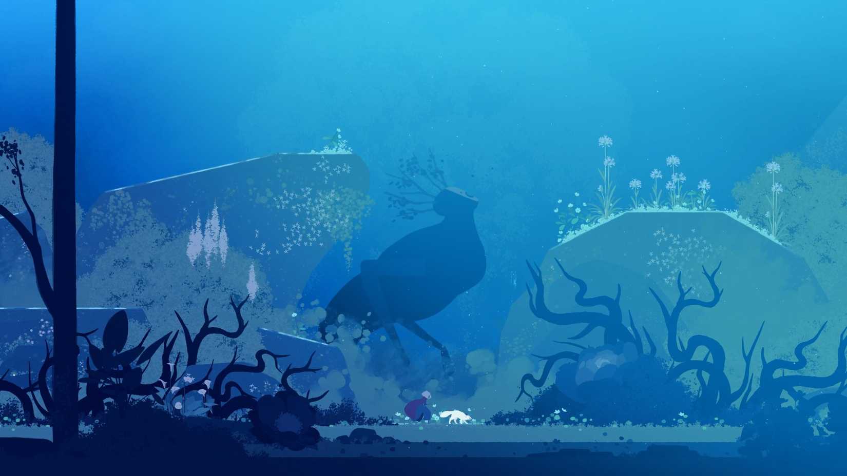 Neva und Alba stehen in einem Wald voller schwarzer Wurzeln vor einem riesigen, korrumpierten Feind, alles ist schwarz mit einem Baum auf dem Kopf und einer schwarzen und weißen Maske.