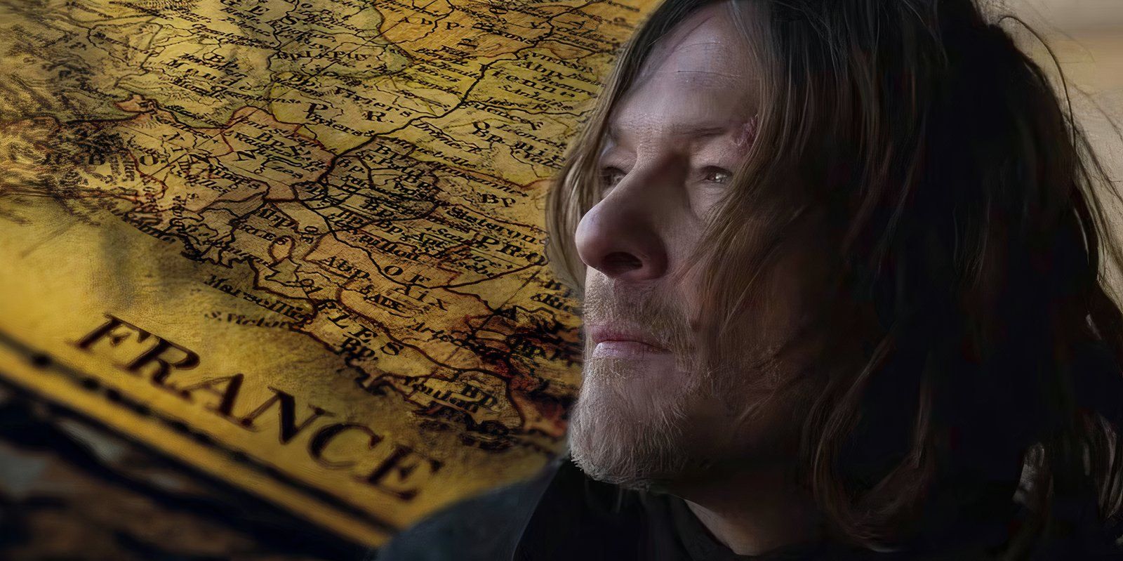 Norman Reedus as Daryl Dixon next to a map of France in The Walking Dead: Daryl Dixon