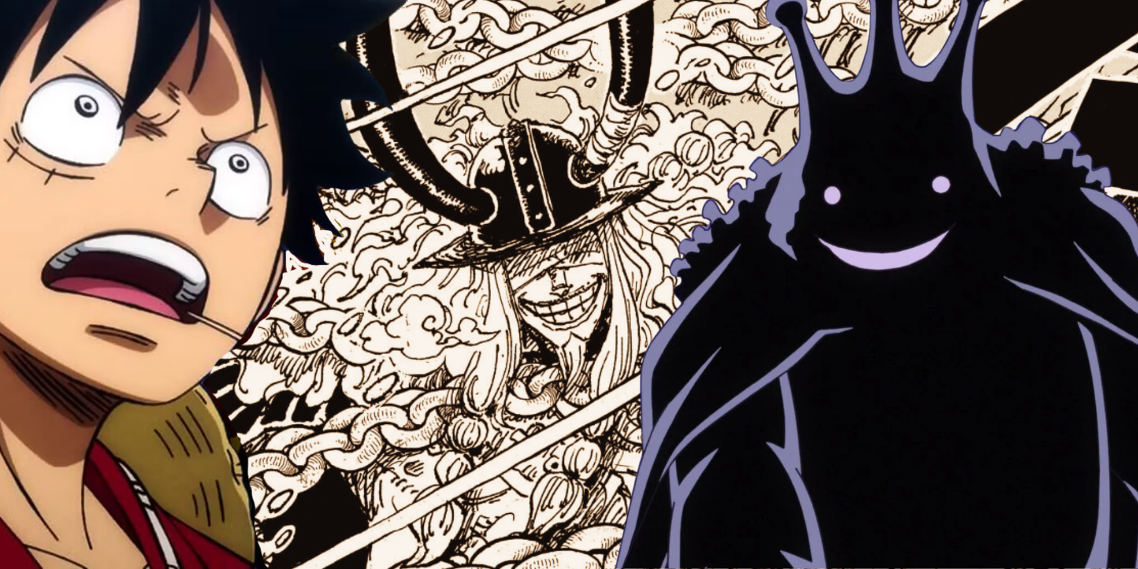 Luffy concerné par une silhouette de Loki devant et un fond de Loki