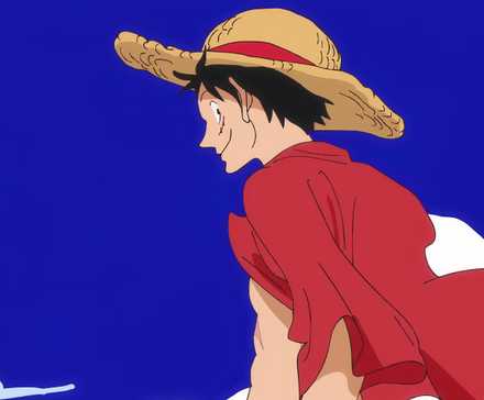 Screenshot from One Piece anime Fan Letter episode shows Luffy side profile with a smirk and one eye towards the frame with a blue sky behind him.