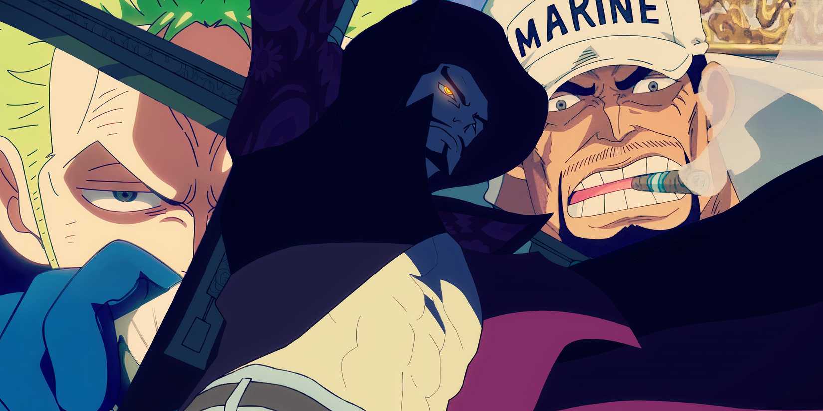 Feature header showing Zoro, Akainu, and Mihawk
