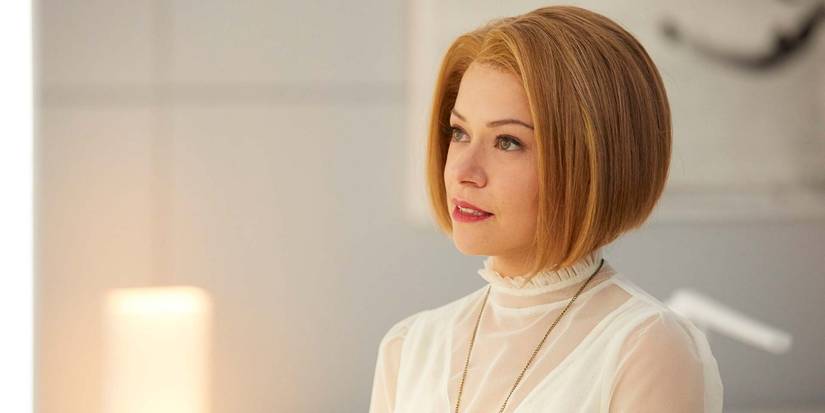 Orphan Black's Tatiana Maslany as Rachel looking smug