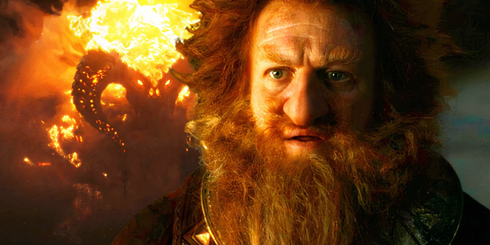 Owain Arthur as Durin IV juxtaposed with a Balrog in The Lord of the Rings The Rings of Power