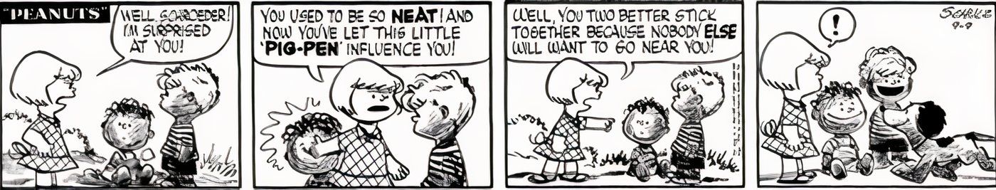 Patty do Peanuts dizendo a Schroeder e Pig-Pen que eles estão muito sujos, e Snoopy passa igualmente sujo.