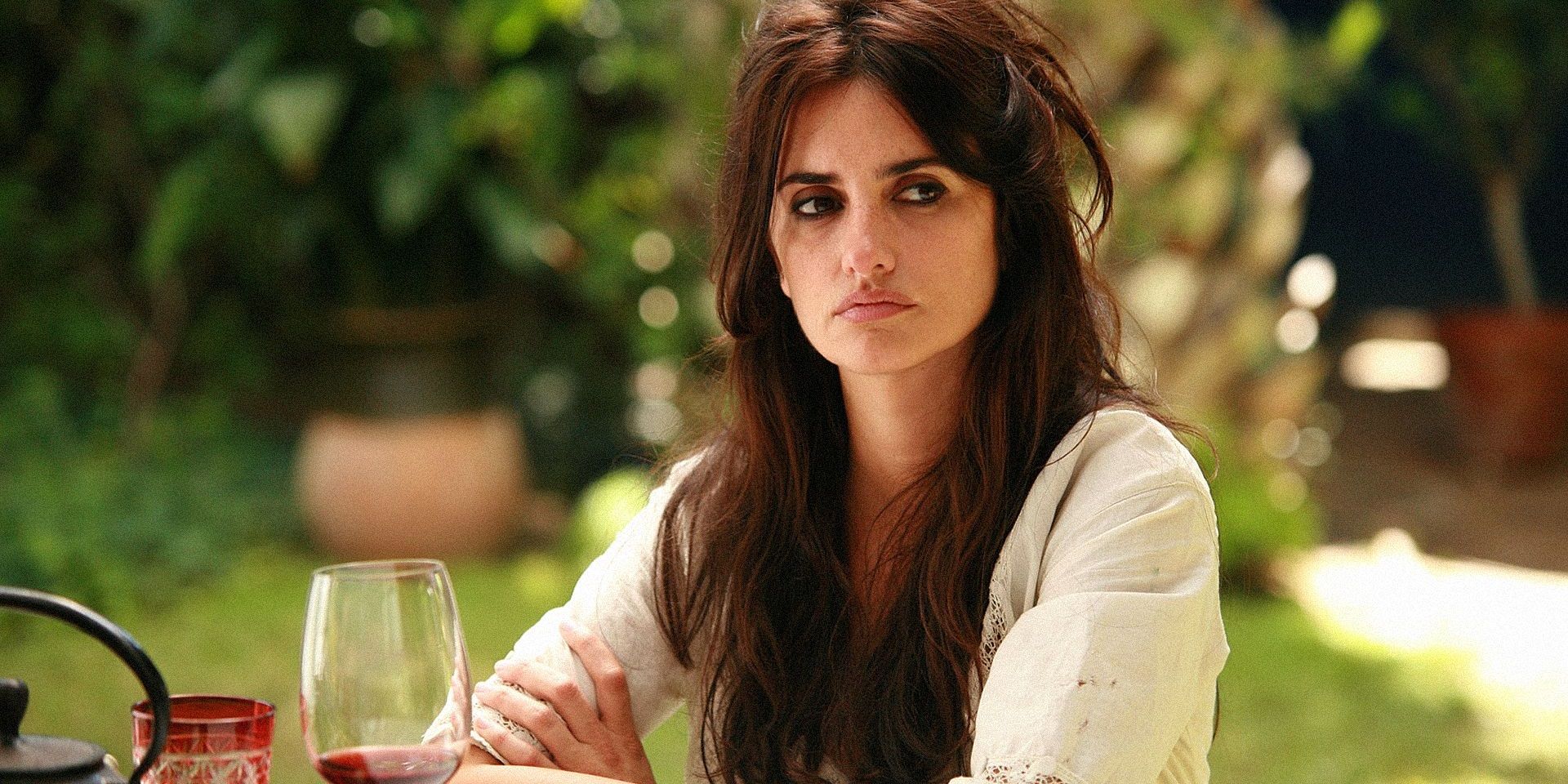 Penelope Cruz with a glass of wine in Vicky Cristina Barcelona