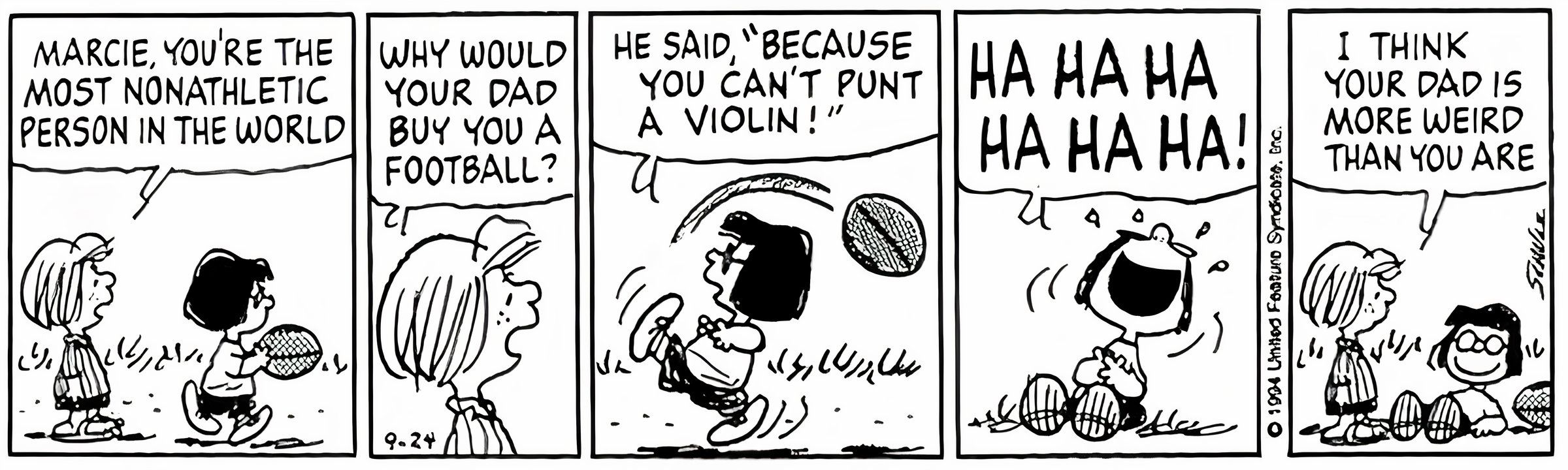 Peppermint Patty asks why Marcy's father bought her a soccer ball; Marcy says, 