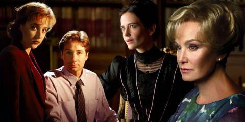 David Duchovny as Fox Mulder in a suit sitting at a desk and Gillian Anderson as Dana Scully from The X-Files in a red suit stood next to him both staring at the camera, Eva Green as Vanessa Ives in Penny Dreadful in Victorian dress sitting at a table and Jessica Lange as Constance Langdon from American Horror Story: Murder House in a flowery dress staring in to the distance