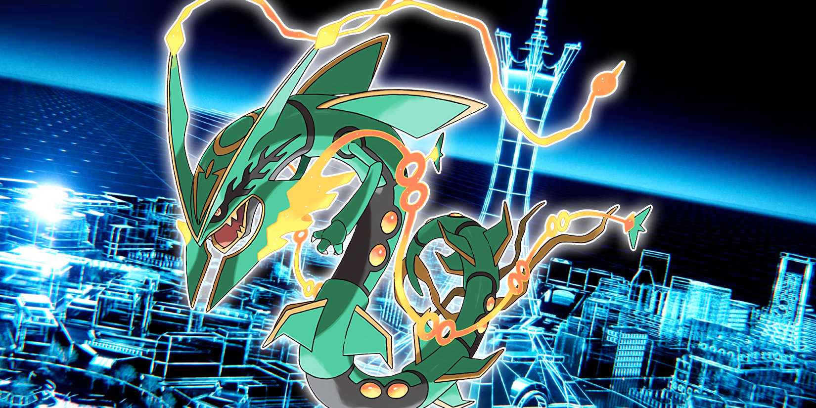 Mega Rayquaza in front of a Lumiose City cityscape from the Pokémon Legends: Z-A announcement trailer.