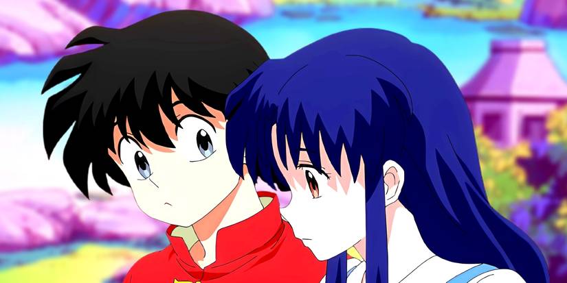 Ranma looking at Akane with a concerned expression while she looks sad. Behind them, the pond in the Tendo's garden can be seen. 