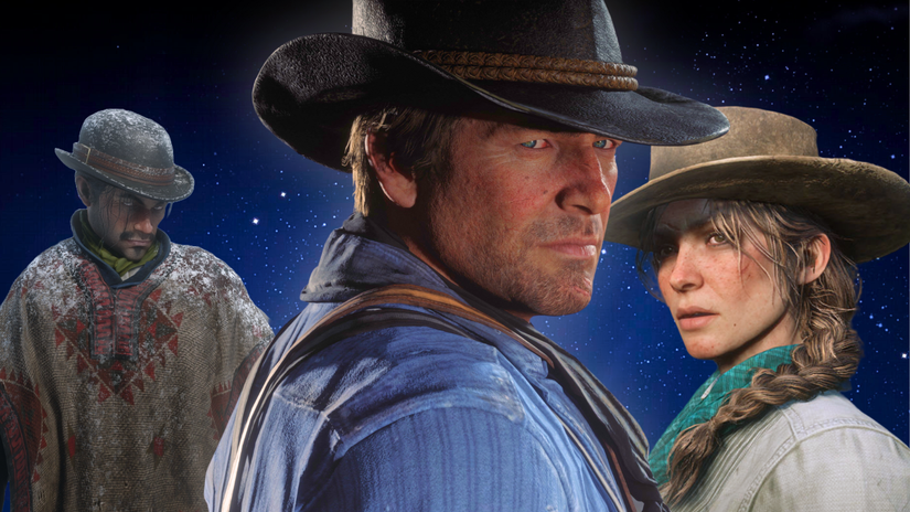 Arthur Morgan, the protagonist of Red Dead Redemption 2, looks back, as a female and male cowboy stand by his side.