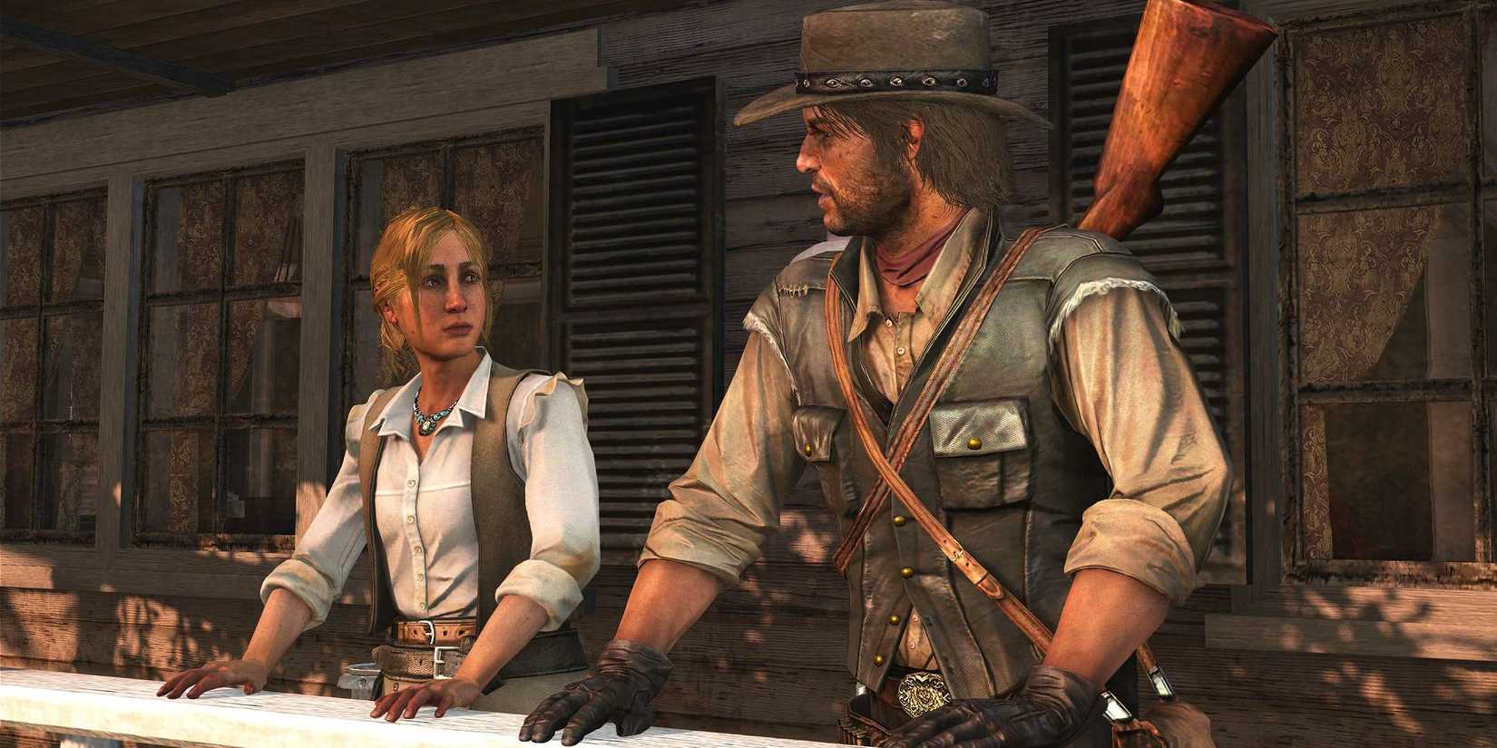 John Marston talking to ​Bonnie MacFarlane outside of a house in Red Dead Redemption.