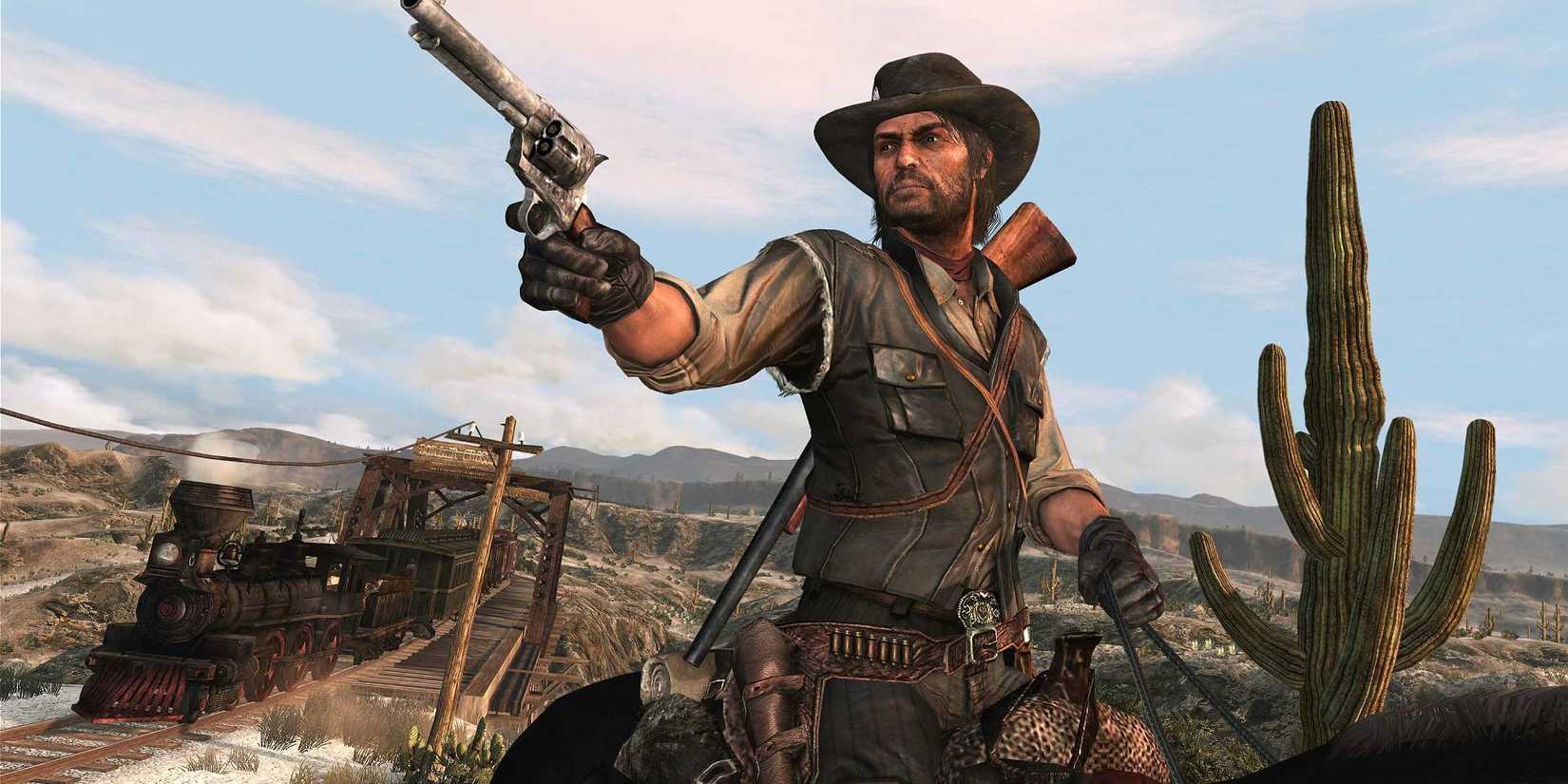 John Marston riding on a horse holding a pistol with a train in the background in Red Dead Redemption.