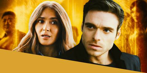 Richard Madden as Ikaris and Salma Hayek as Ajak in Eternals