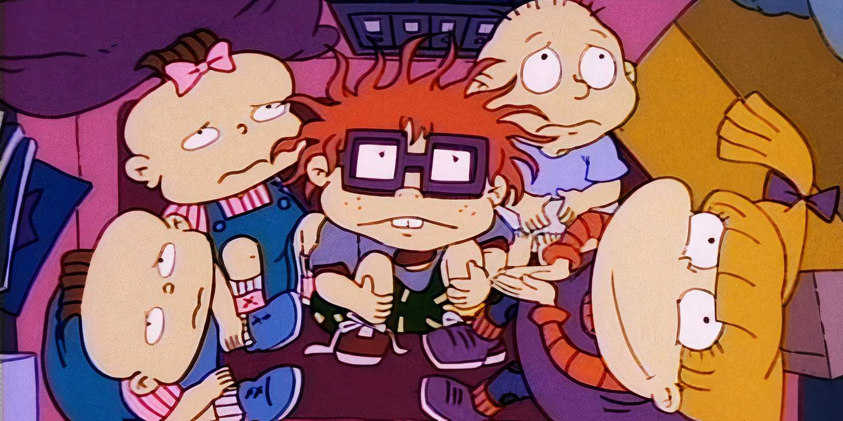 Phil Lil Tommy Chuckie and Angelica all looking up scared in Rugrats.
