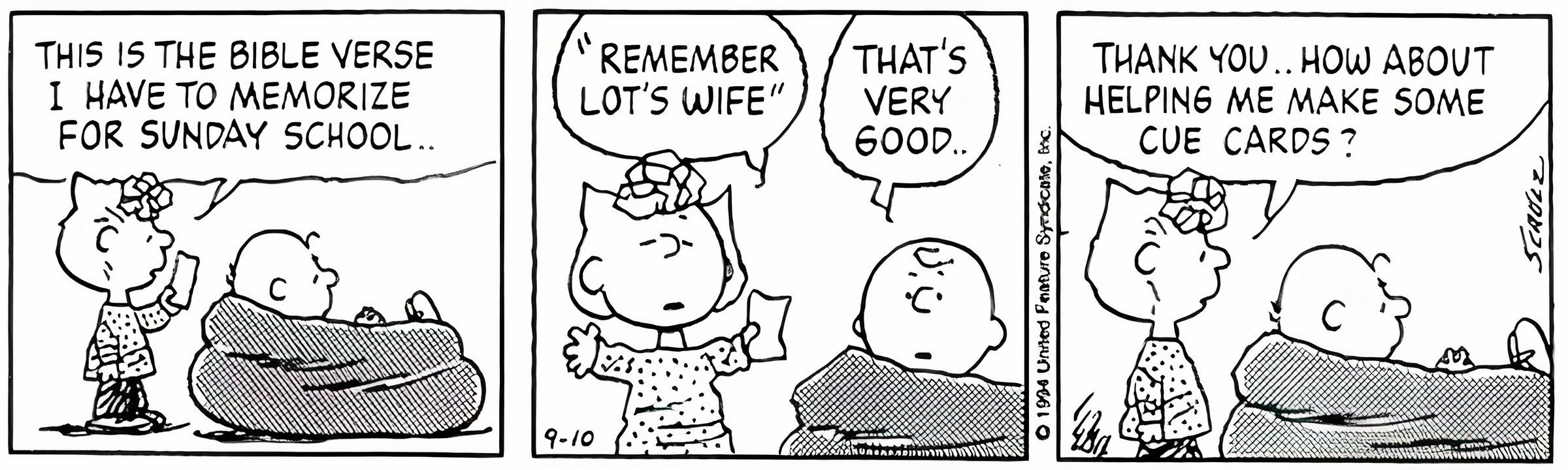 Sally shares a short Bible verse she needs to memorize and asks Charlie Brown for help with the clues.