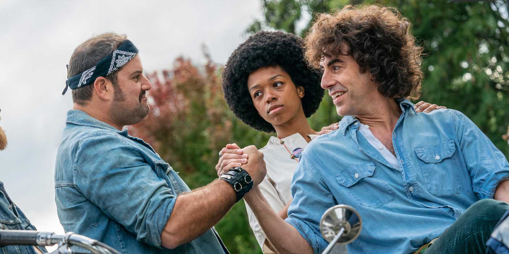 Abbie Hoffman, played by actor Sacha Baron Cohen, in The Trial of the Chicago 7.