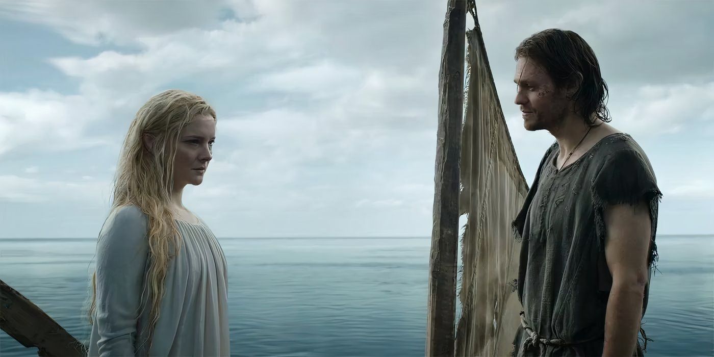 Sauron and Galadriel on the raft in The Lord of the Rings: The Rings of Power season 1.