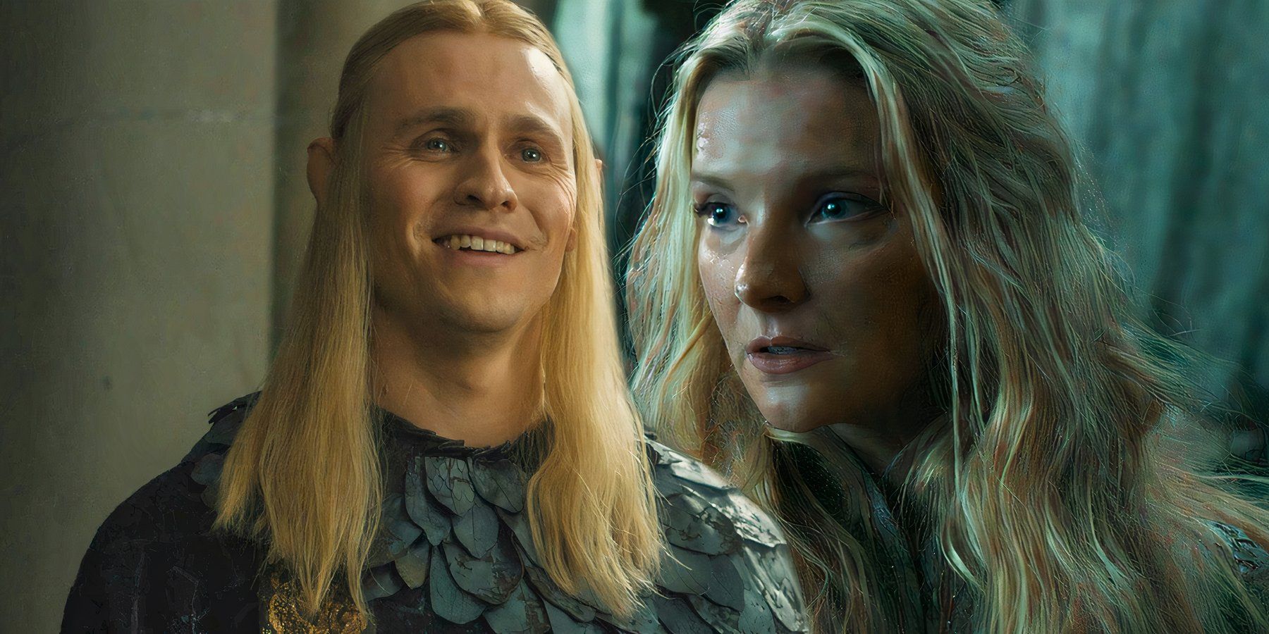 Sauron smiling next to Galadriel looking serious in The Lord of the Rings The Rings of Power Season 2