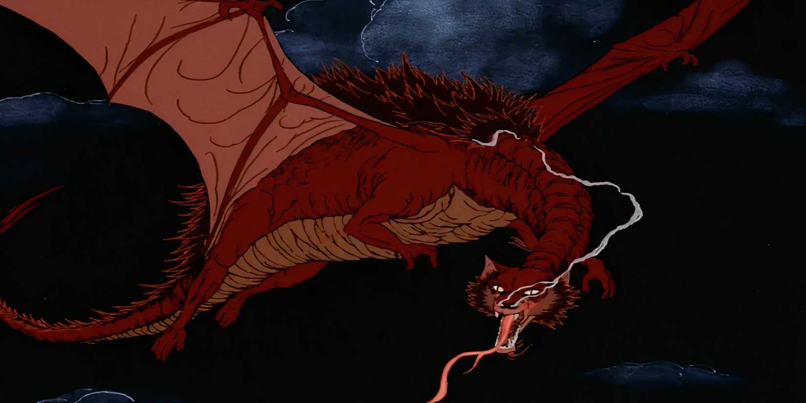 Smaug from the 1977 animated The Hobbit prepares to attack Lake-town