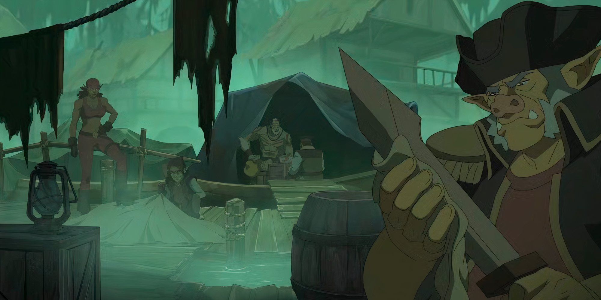 A group of toughs lounge around the walkways of Stilben in The Legend of Vox Machina; the one in the foreground, either an orc or some kind of pig person, polishes a sword.