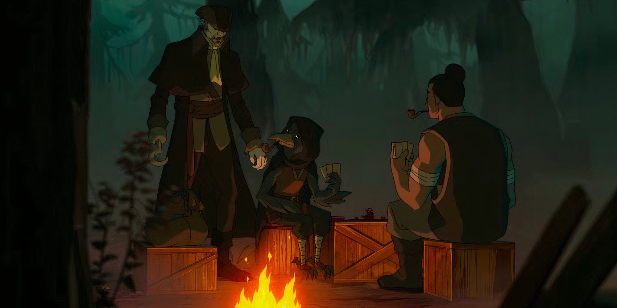 Three pirates, one of which is a raven-like kenku, are sitting around a campfire playing a board game in The Legend of Vox Machina