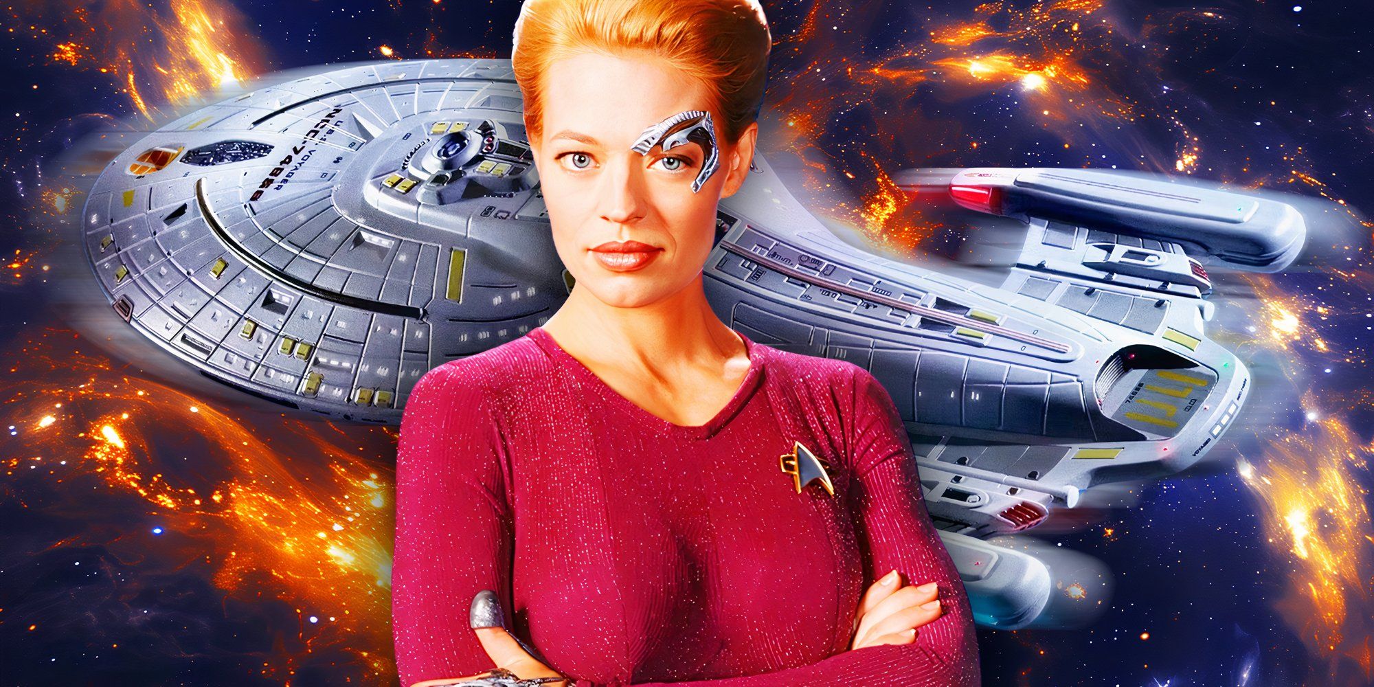 Seven of Nine (Jeri Ryan) from Star Trek: Voyager in her purple catsuit with the USS Voyager in the background.